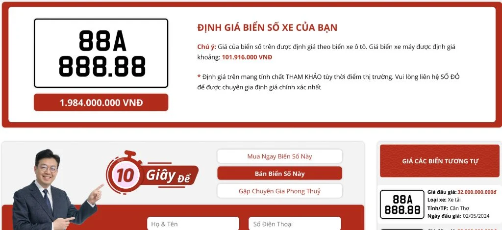 Kết quả hiện thị định giá biển số xe